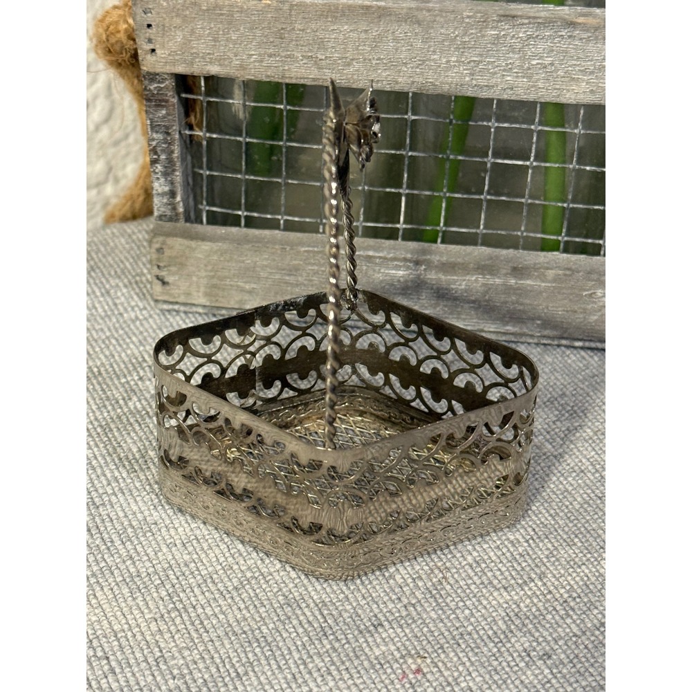 Vintage Silver Filigree Miniature Basket Trinket Ring Holder Rose Handle